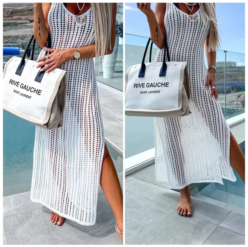 White Openwork Slit Cutout Wide Strap Dress - Picture 6 of 15